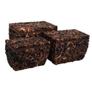   of Three Contemporary Metal Abaca Weave Storage Trunks