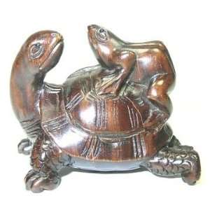  Frog on Turtle ~ Iron Wood Netsuke