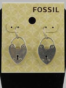 Fossil Brand Silvertone Heart Lock Drop Earrings JA4663  