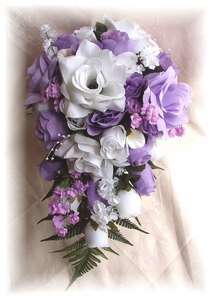 15pc Silk Wedding Bouquet Bridal Flowers Lavender White Roses  