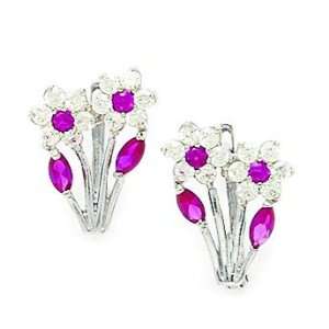 14k White Gold July Birthstone Ruby CZ Two Flowers and Leaf Leverback 