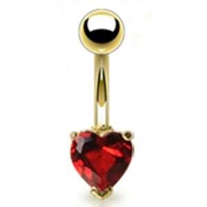  Gold Plated Belly Button Navel Ring with Red Cz Heart 