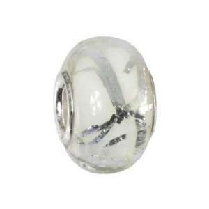 white with Silver lining Murano Style Glass Bead, 925 Sterling Silver 