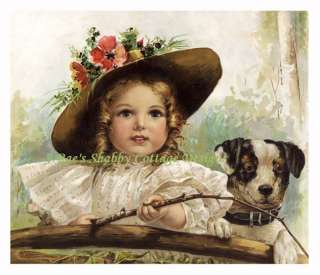 Sweet Victorian Girl Fishing w Dog Fabric Block 8x10  