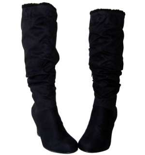   Slouchy Shearing Cuff Suede Knee High Wedge Boots Black AllSz  