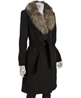 Elie Tahari charcoal wool Gia fur trim belted coat   up to 