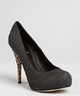 Fendi black snake embossed leather logo heel pumps style# 318977901