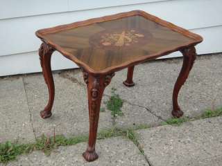 ANTIQUE INLAID FLORAL MAHOGANY CARVED LEG COFFEE TABLE 1900s  