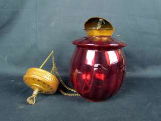 Antique Victorian Cranberry Hanging Hall Oil Lamp  
