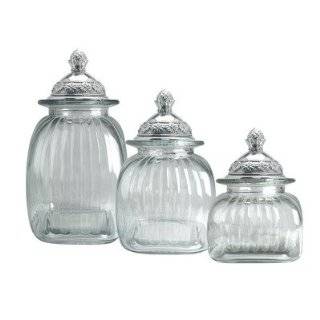 Clear Glass Kitchen Canister Set Pewter Rooster Lids 
