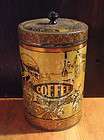   Distressed Antique Coffee Tin Art Deco Motifs w Lady Lots Patina