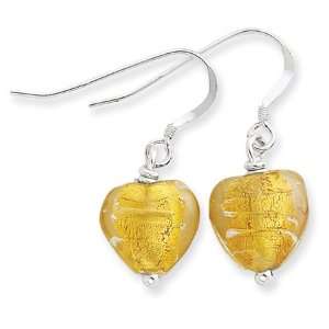    925 Silver Yellow Murano Glass Heart Dangle Earrings: Jewelry