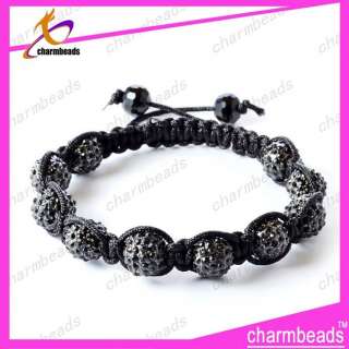 10mm Pave Disco Ball Black diamond Shamballa Cord hemp Bracelet Charm 