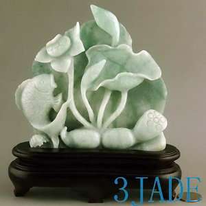 Natural Jadeite Jade Carving / Sculpture: Lotus Fish Statue  