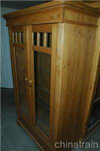 Antique Colonial Knotty Pine 2 Glass Door 1 Drawer Display Cabinet 