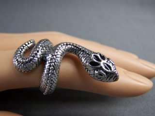 Silver tone Snake Serpent wrap ring 1.5 long Black Eyes small 5 6.5 