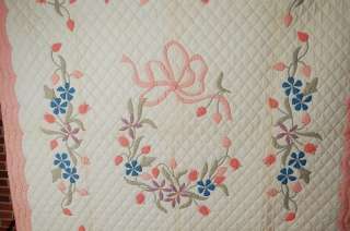 Large Vintage Tulip Floral Applique Hand Stitched Antique Quilt ~MINT 