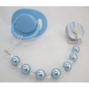  Baby Blue Big Pearl and Crystals Pacifier Clip Baby
