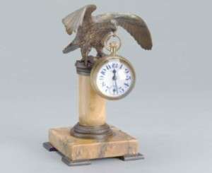 ANTIQUE PATINATED BRONZE/MARBLE EAGLE FORM CLOCK STAND  