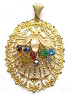 Old Vintage Brass Filigree Rhinestone Necklace Pendant  