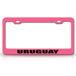 URUGUAY Country Steel Auto License Plate Frame Tag Holder, Pink/Black