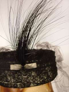 Vintage Hat Black Cocktail Lace Feather 1940S  