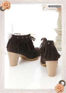   Womens Fringe Lace Up Heels Ankle Boots Black/Brown/Chocolate  