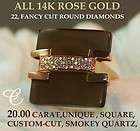   14K Fancy Square Cut 20.00 CT Smokey Quartz Rose Gold & Diamond Ring