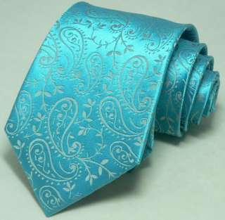 Landisun 13C Light Blue Paisleys Mens Silk Tie Set: (Super Long Tie 