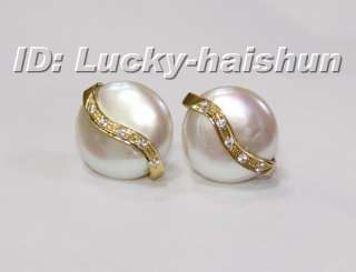 12mm round coin white cultured pearls earrings 14KT go  