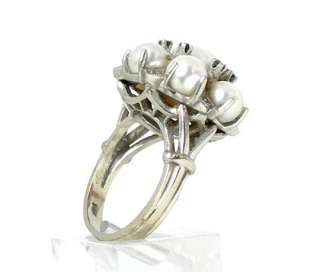 VINTAGE 14k WHITE GOLD, DIAMOND, PEARL & SAPPHIRE RING  