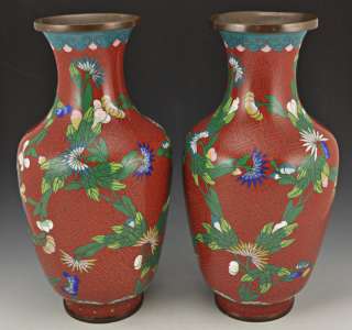   Red Chinese Cloisonne Enameled Vases Floral Decoration 1900 10  