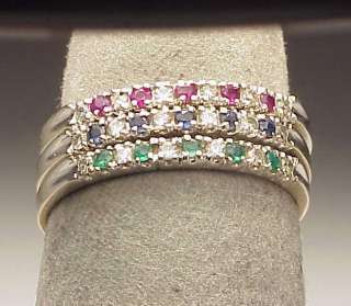   White Gold Ruby Sapphire Emerald Diamond Band Stackable Rings  