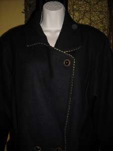 Vintage MICHELLE FRANCOIS black gold metallic trim wool coat M/L 