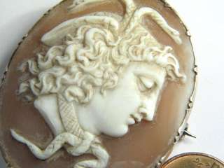 ANTIQUE SILVER HAND CARVED NATURAL SHELL MEDUSA CAMEO BROOCH c1880 