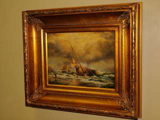American Sail Ship Boat Coastal Seascape Ocean Shore Oil Painting NO 