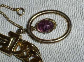   Purple Amethyst Prong Set Gems Cabachon Goldtone Chain Bracelet  