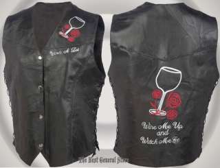 Womens Wine Glass and Roses Black Leather Motorcycle Vest Biker Ladies 