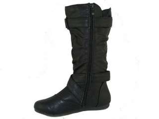 Women Fashion Faux Leather Boots Mid Calf Style Tall Buckle Shoes 