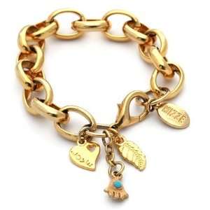  Gold Link Bracelet with Hamsa Hand and Good Luck Charms Jewelry