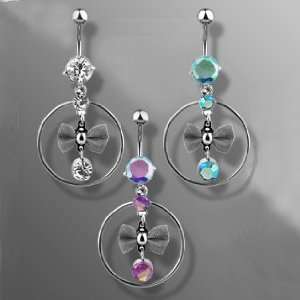  Belly Ring with Rodium Plated Bow and Aurora Boreal/Aqua 