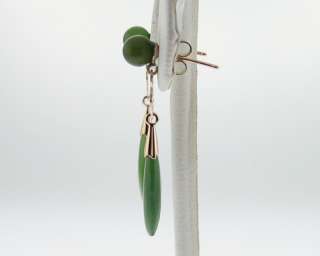Estate Jade Chinese Lucky Solid 14k Gold Dangle Earrings  