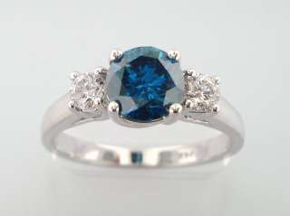 14K WG THREE STONE BLUE & WHITE DIAMOND ENGAGEMENT RING  