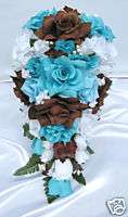 21pc Bridal bouquet wedding flower TURQUOISE / BROWN  