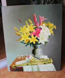 Original Still Life Oil painting Flower art Lily and Sachs on canvas 