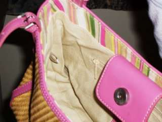 FOSSIL Beige Straw And Pink Leather Flower Shoulder Bag Handbag Tote 