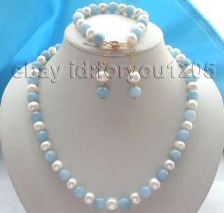 10mm Pearl Aquamarine Necklace Bracelet Earrings set  