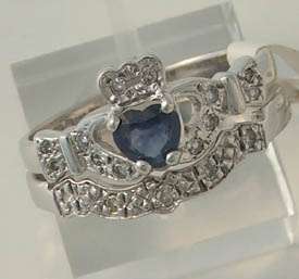 14K White Sapphire & Diamond Claddagh Ring Irish Made by SHANORE 