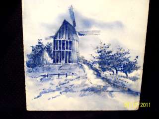Early Hand Pinted Thick Tile Blue & White Wind Mill  