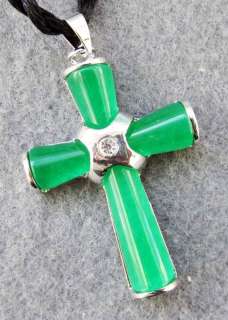 Green Jade Alloy Metal Christian Cross Pendant Necklace  